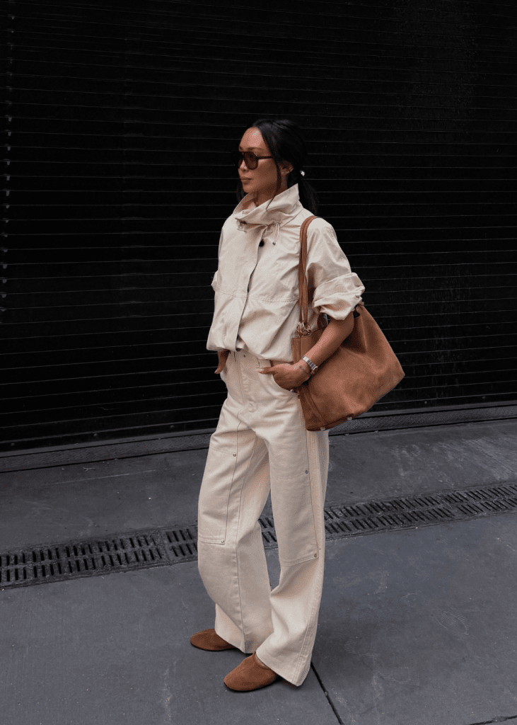 Cream Monochromatic Set: High-Neck Jacket and Wide-Leg Trousers — Comfy Winter Outfits