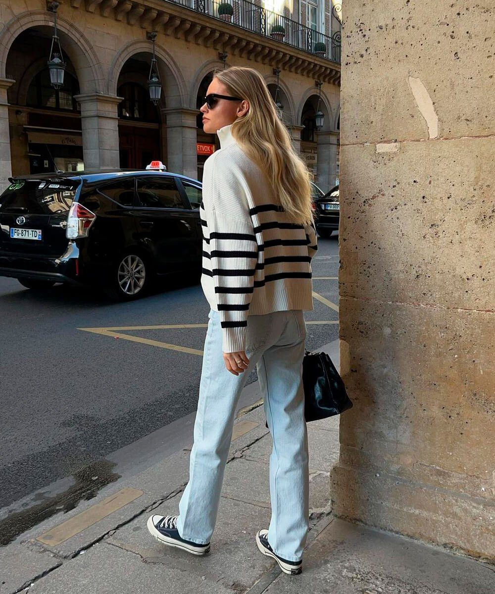 Striped Turtleneck Sweater with Straight-Leg Jeans Striped Turtleneck Sweater with Straight-Leg Jeans — Sweater Outfits