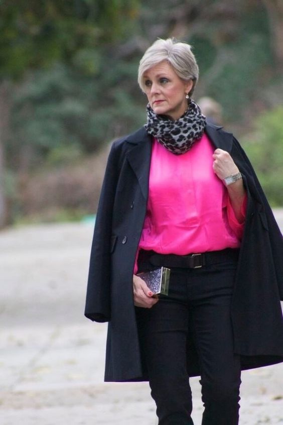Chic Black Coat over Bright Pink Top for Evening — Winter Outfits for Women Over 60