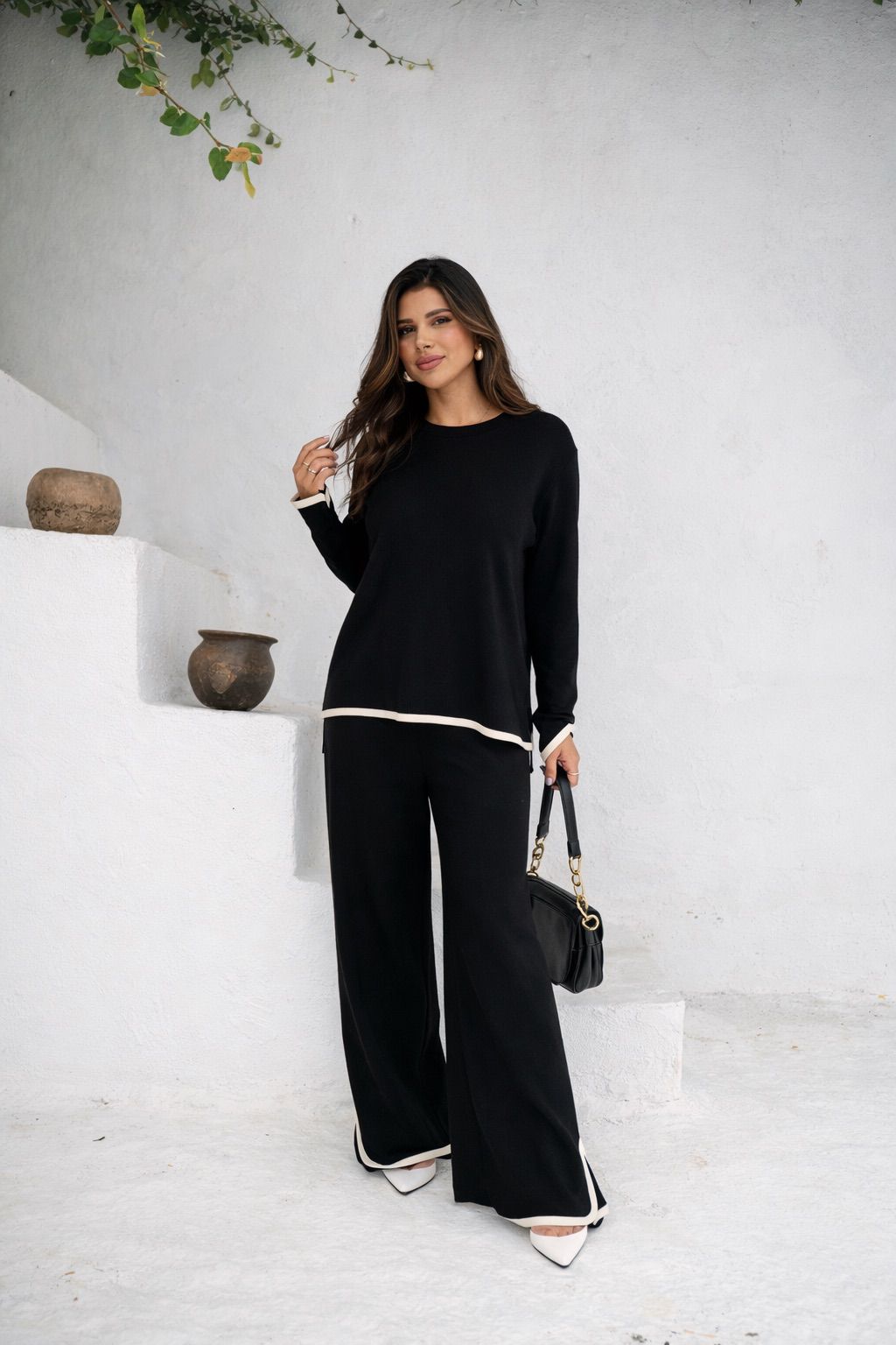 Casual Daytime Monochromatic Black Knit Set with White Trim Casual Daytime Monochromatic Black Knit Set with White Trim — Knit Set Outfits