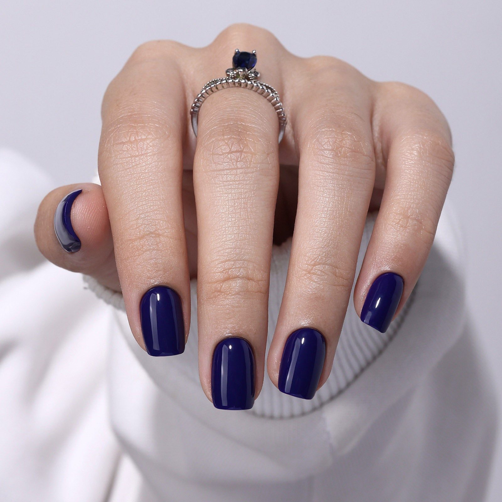 Solid Color Vibrant Deep Navy Short Square Glossy — Navy Blue Nails