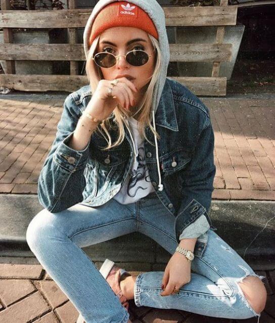 Orange Logo Beanie with Denim Jacket and Ripped Jeans — Beanie Outfits