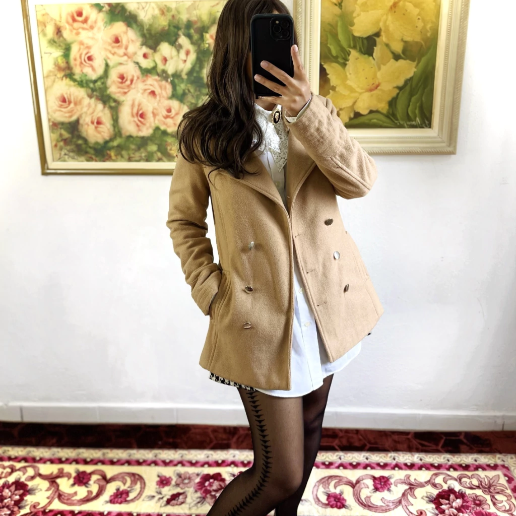 Beige Short Peacoat with Patterned Tights — Peacoat Outfits