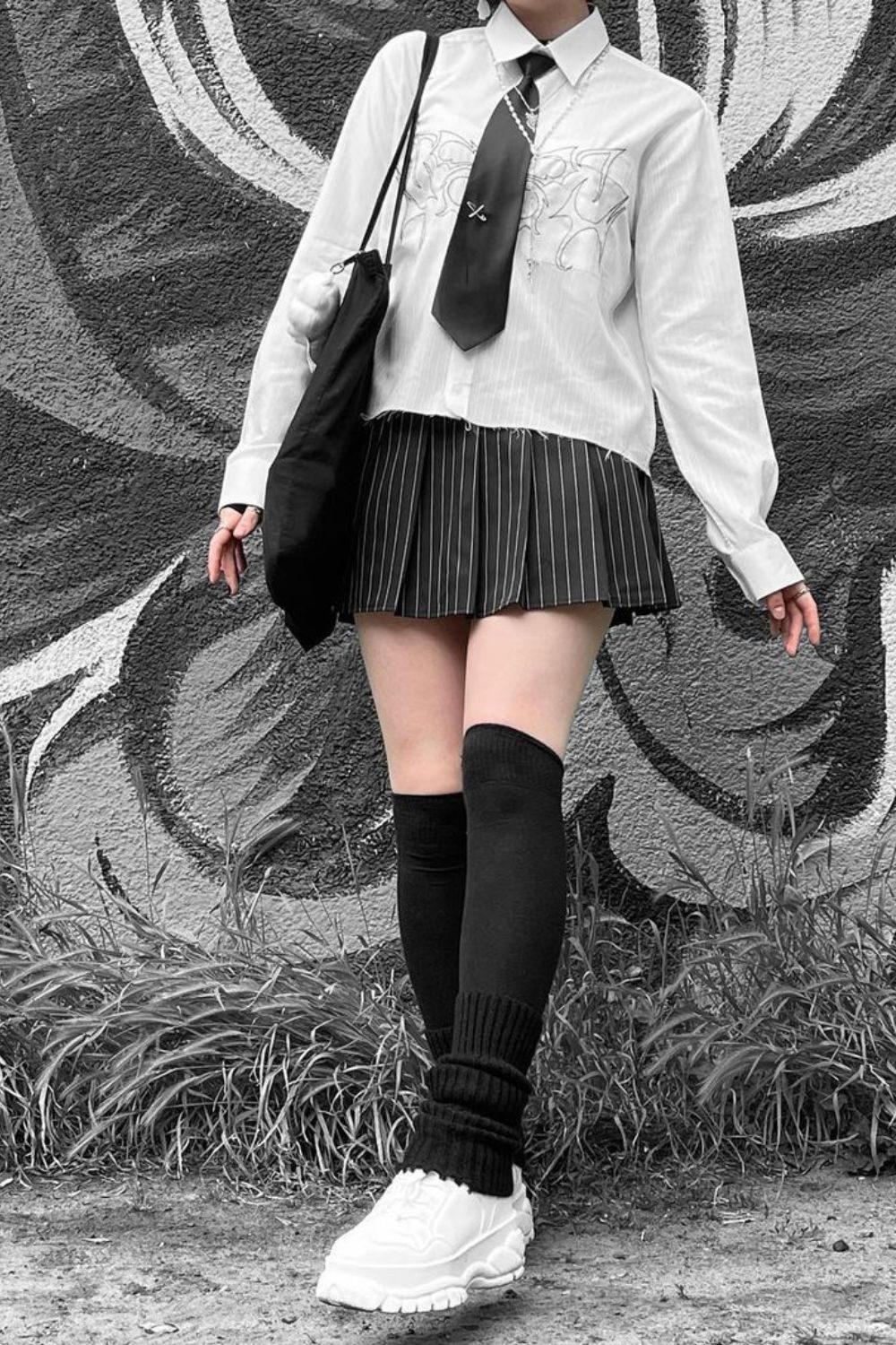 School-Inspired Pleated Skirt with Black Leg Warmers and Sneakers — Leg Warmers Outfits