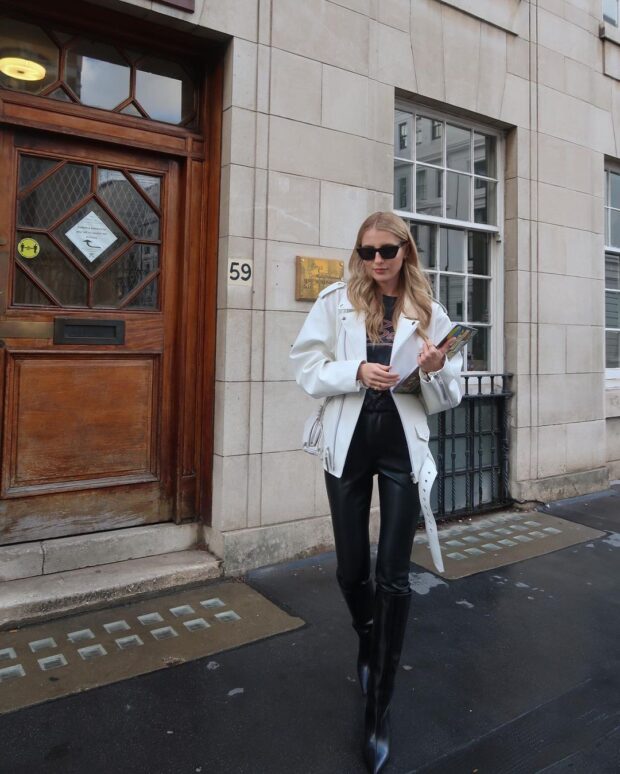 Monochromatic Black with a White Leather Jacket Pop — Knee High Boots Outfits