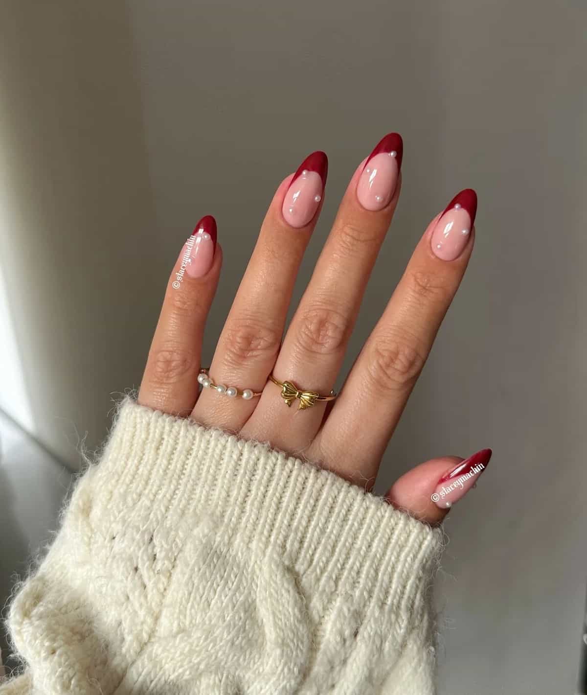 Deep Red Pearl French Tips — Winter Acrylic Nail Colors