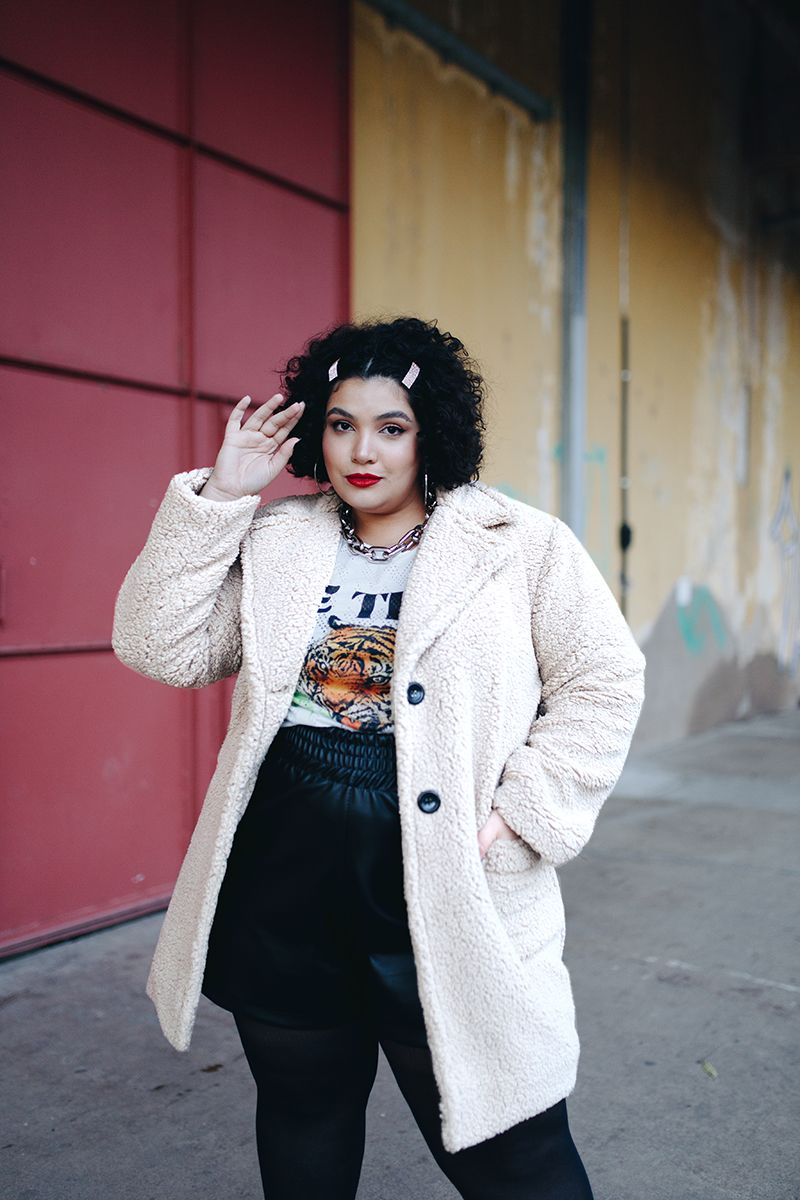 Oversized Brown Teddy Coat Contrasted with a Lime Green Turtleneck — Teddy Coat Outfits