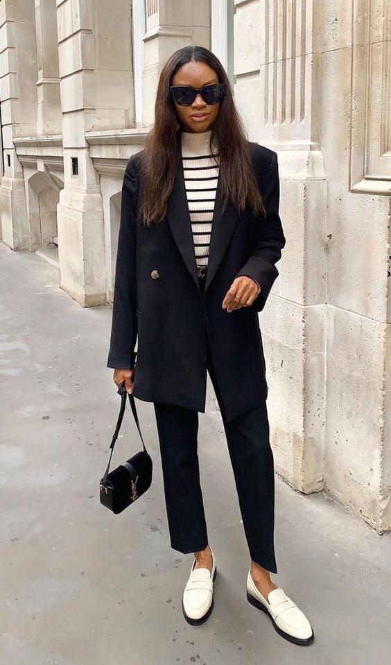 Oversized Black Blazer with Striped Turtleneck and Loafers Oversized Black Blazer with Striped Turtleneck and Loafers — Winter Outfits