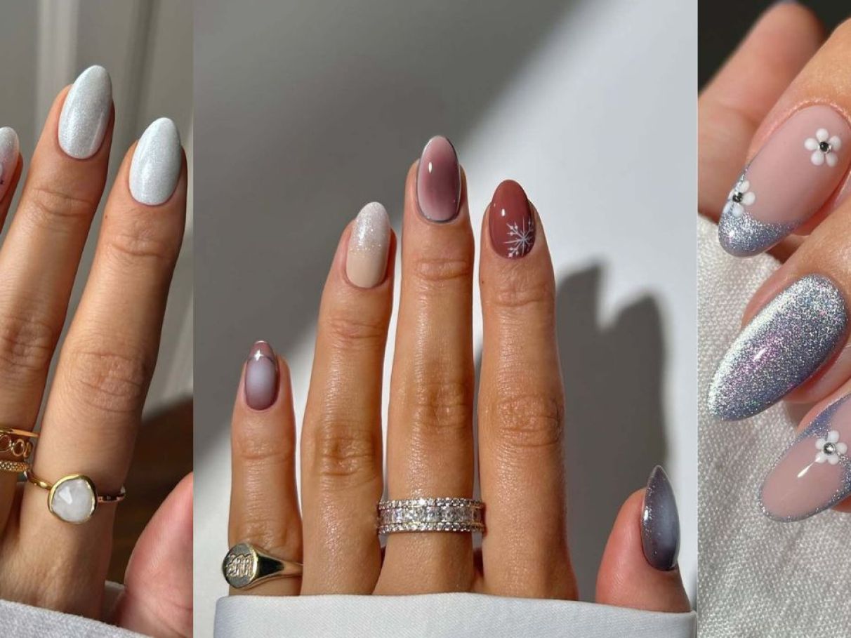 Mixed Finish Almonds With Glitter French Tips Mixed Finish Almonds With Glitter French Tips — Simple Winter Nails