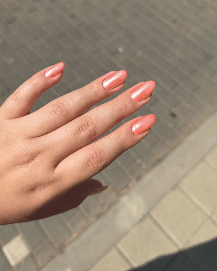 Warm Peachy Coral Shimmer Nails — Winter to Spring Transition Nails