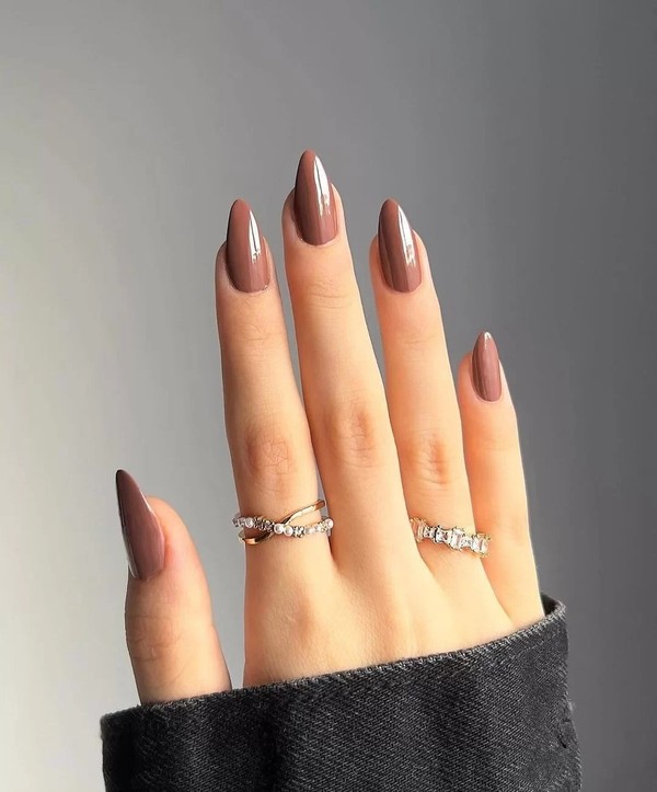Muted Taupe Brown Glossy Long Almonds Muted Taupe Brown Glossy Long Almonds — Winter Nail Colors for Women Over 50