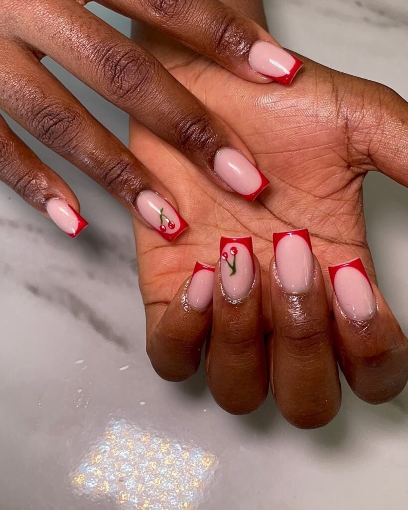 Bright Red Cherry French Tips with Green Stems — Black Cherry Nails