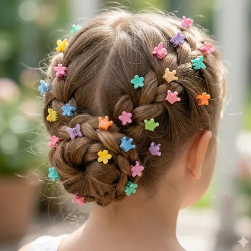 Intricate Braided Updo with Flower Clips — Winter Hairstyles for Kids