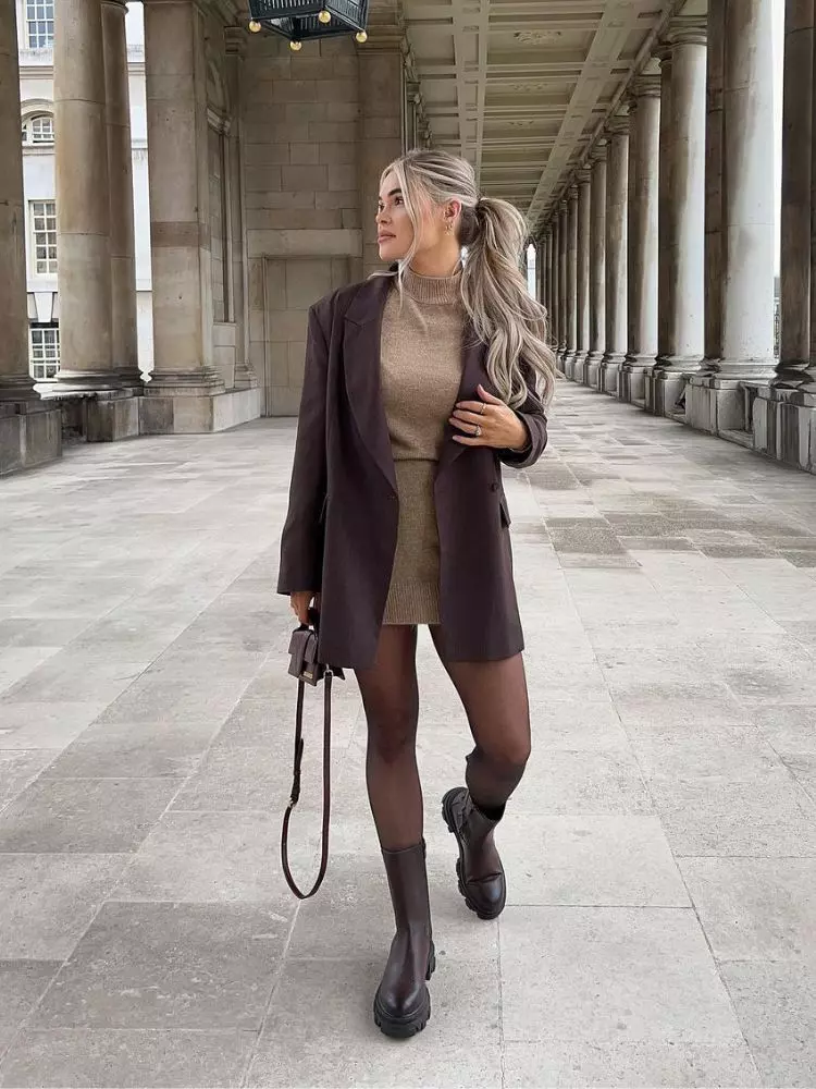 Business Casual: Blazer, Mini Dress, and Lug Sole Boots Business Casual: Blazer, Mini Dress, and Lug Sole Boots — Brown Boots Outfits