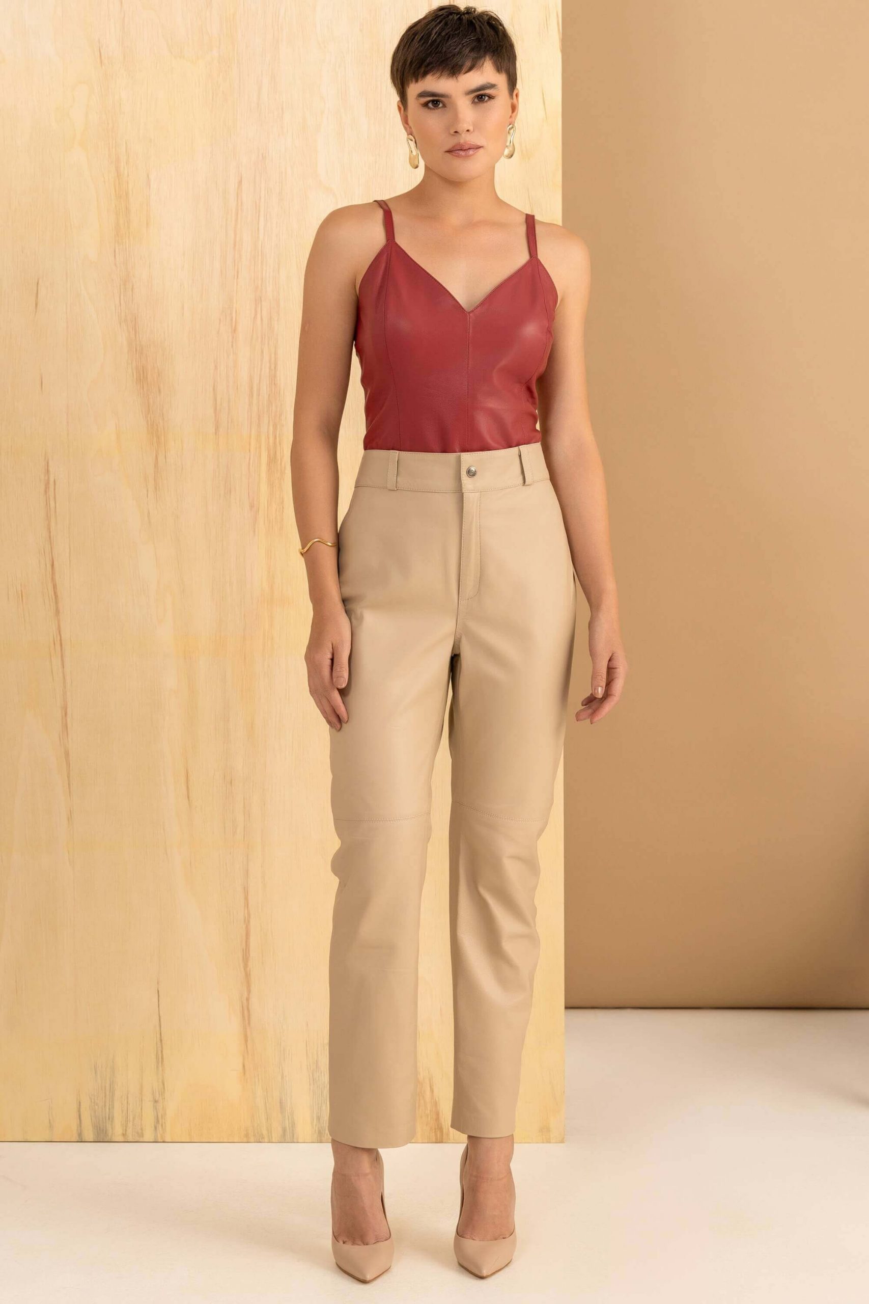 Beige Leather Trousers with a Red Leather Camisole for a Smart Event — Leather Pants Outfits