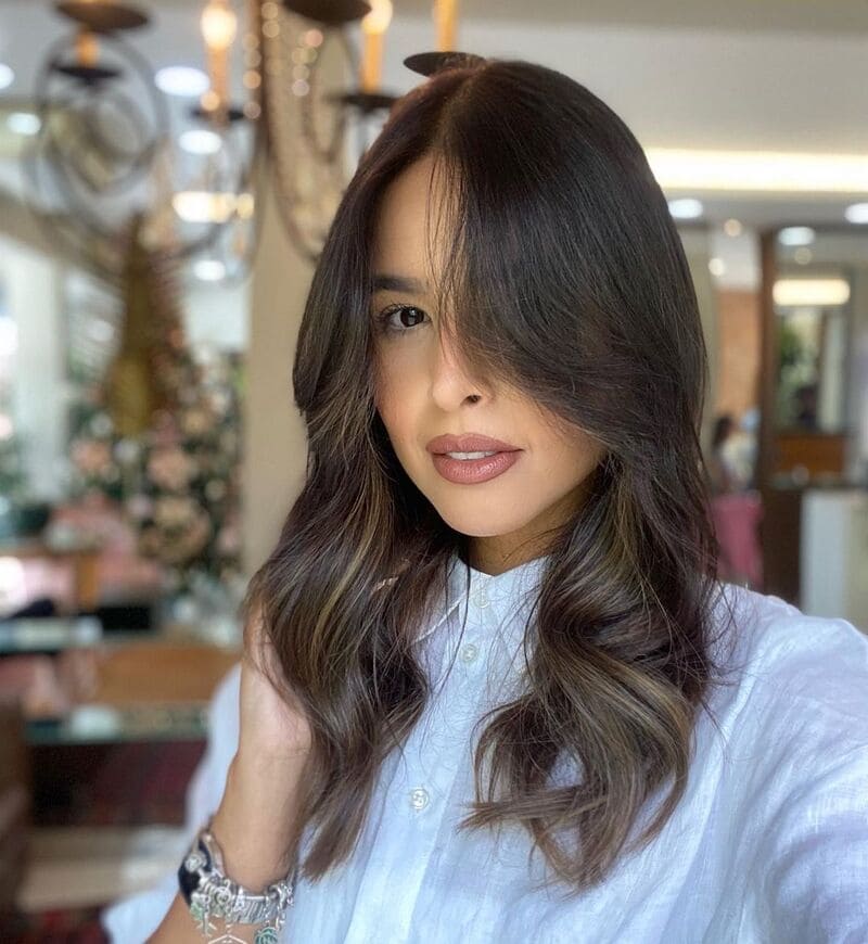 Mid-Back Layers with Caramel Highlights Mid-Back Layers with Caramel Highlights — Winter Haircuts with Curtain Bangs