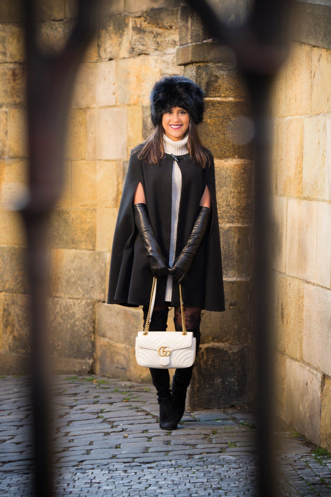Black Fur Hat and Cape with White Turtleneck — Fur Hat Outfits