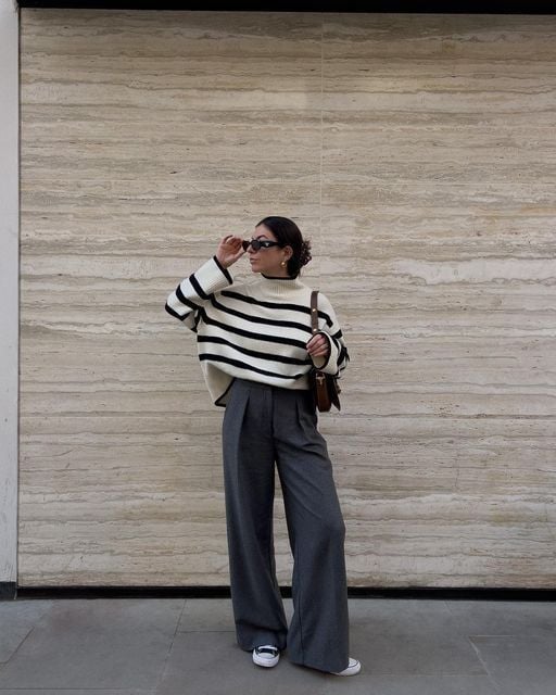 Striped Turtleneck with Wool Trousers and Sneakers — Winter Outfits with Sneakers