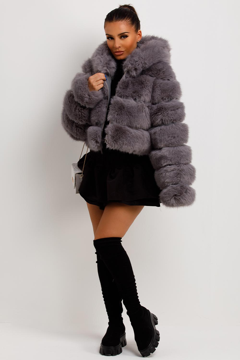 Cropped Grey Faux Fur with Over-the-Knee Boots — Shearling Coat Outfits