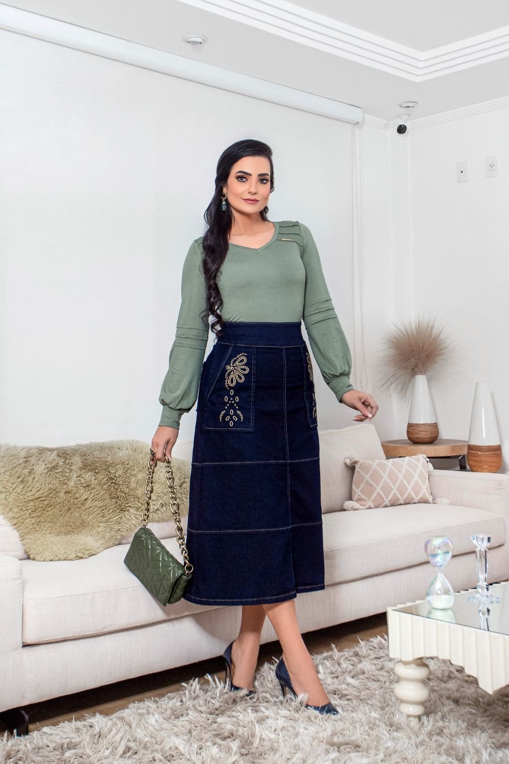 Embroidered Denim Midi Skirt and Fitted Top for a Casual Church Outfit — Winter Church Outfits