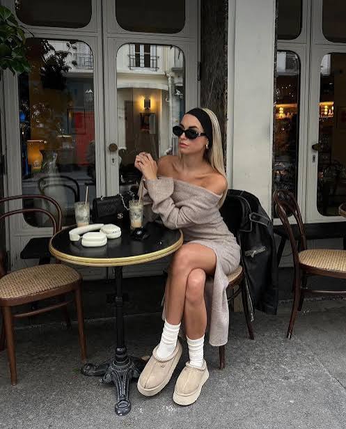 Elevated Loungewear: Ugg Slippers with Off-the-Shoulder Dress — Ugg Slippers Outfits