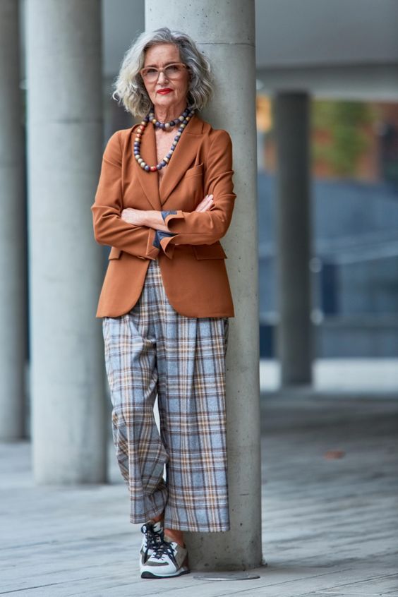 Plaid Wide-Leg Trousers with Tailored Blazer and Sneakers — Winter Outfits for Women Over 60