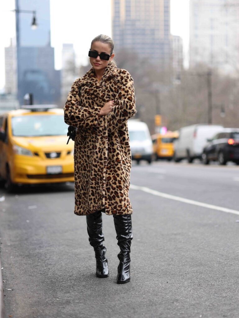 Leopard Print Faux Fur Coat with Patent Leather Boots — NYC Winter Outfits