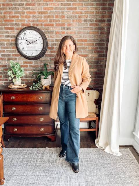 Daytime Casual: Camel Coat with Stripes and Flared Jeans — Camel Coat Outfits