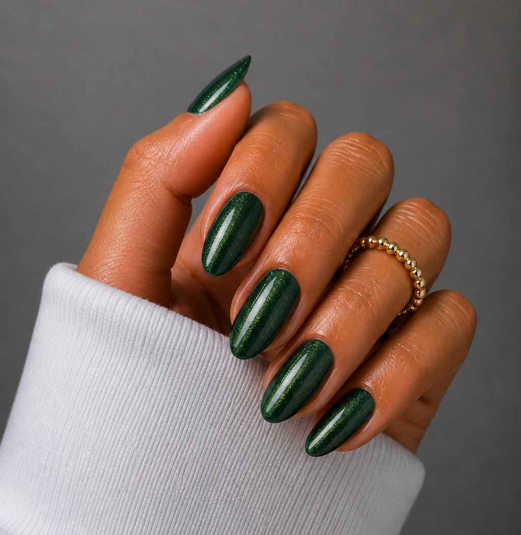 Emerald Green with Gold Glitter Shimmer Nails Emerald Green with Gold Glitter Shimmer Nails — Winter Nail Colors