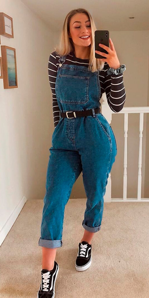 Denim Overalls with Striped Long-Sleeve Top for a Casual Classic — Casual Winter Outfits