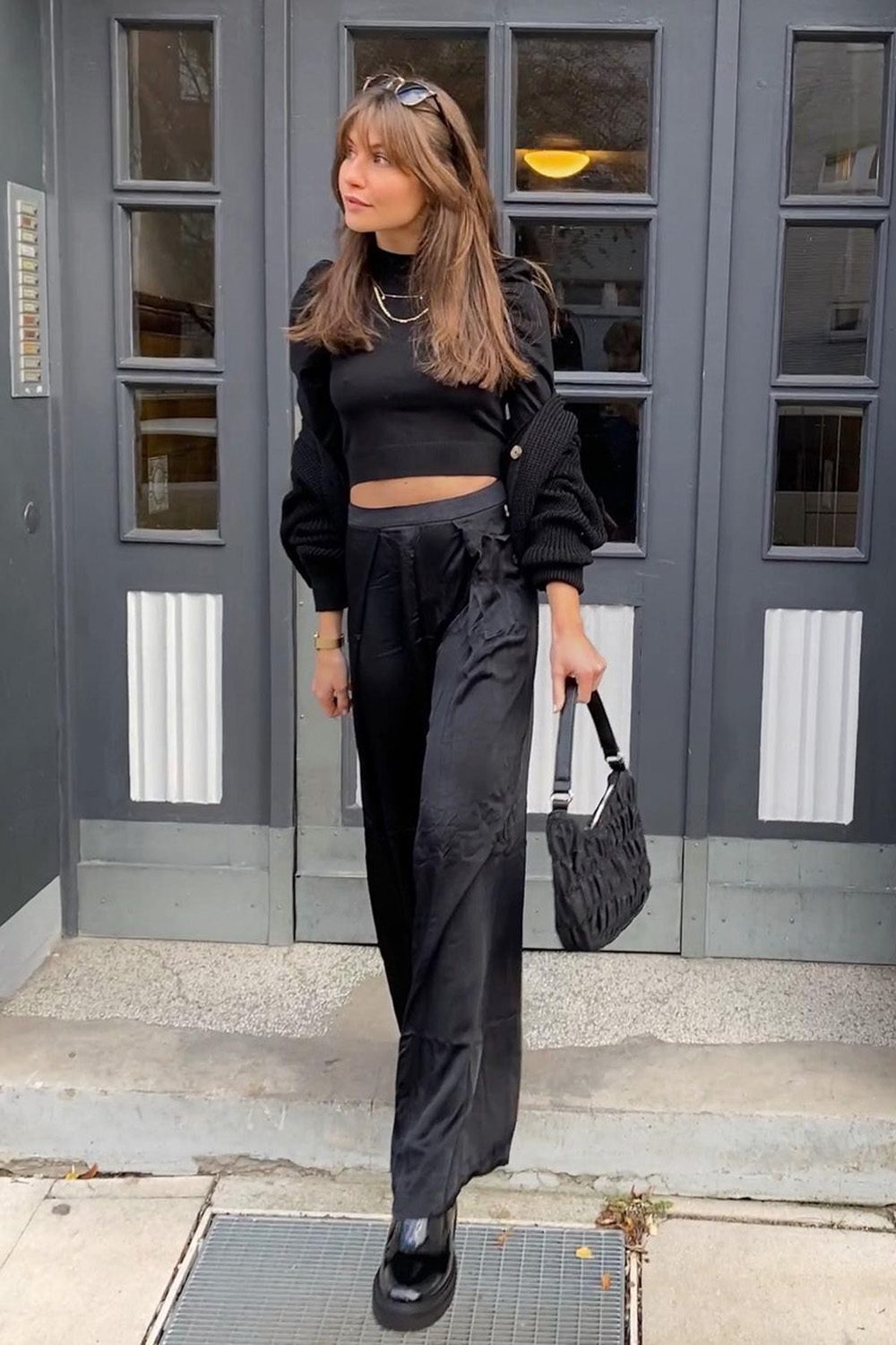 Satin Wide-Leg Pants and Puff-Sleeve Top with Black Combat Boots Satin Wide-Leg Pants and Puff-Sleeve Top with Black Combat Boots — Combat Boots Outfits