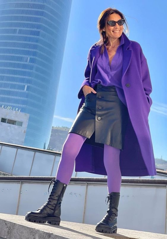 Vibrant Purple Tights with a Matching Coat and Combat Boots — Tights Outfits