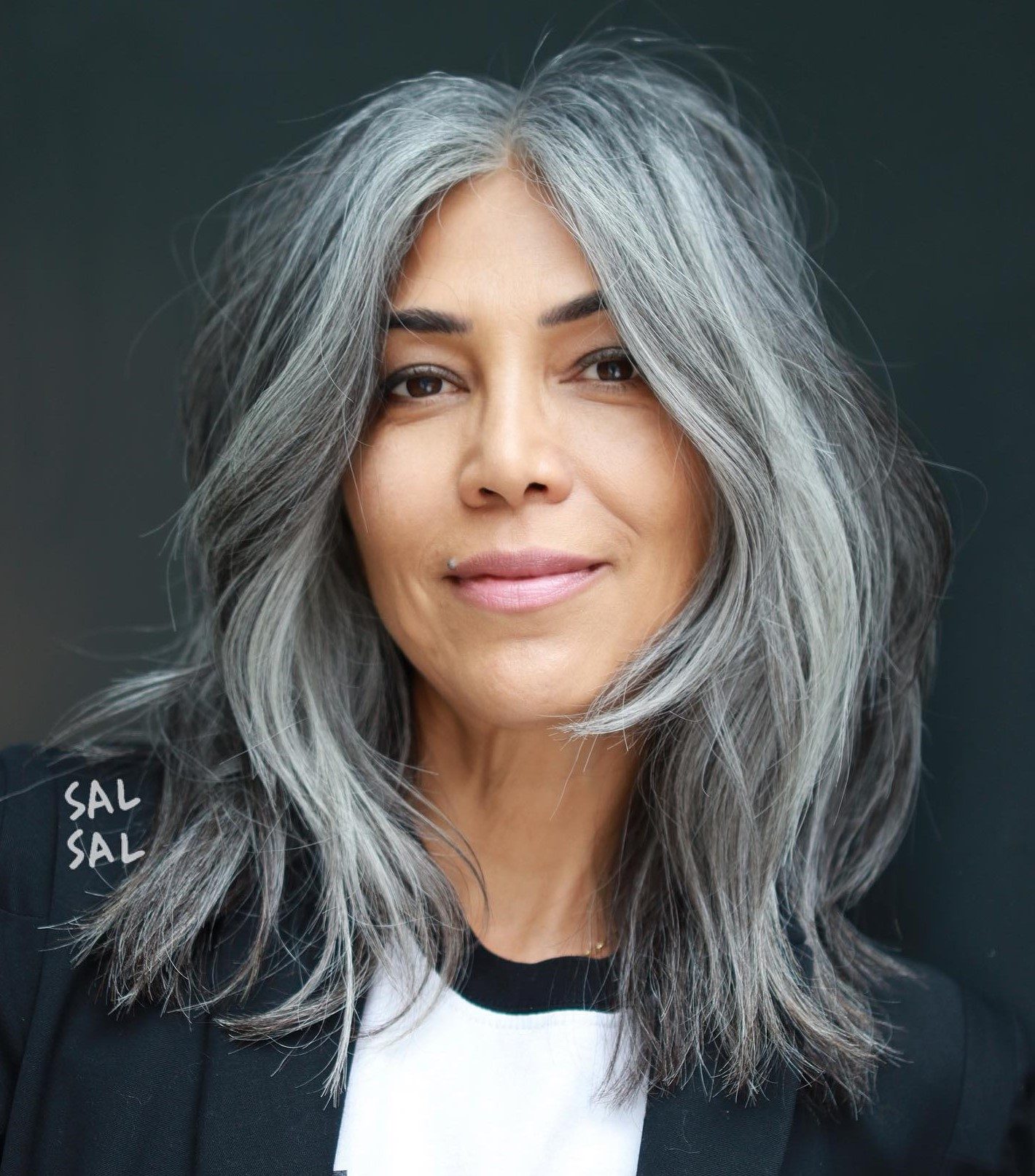 Salt and Pepper Lob with Side Bangs Salt and Pepper Lob with Side Bangs — Winter Haircuts for Gray Hair