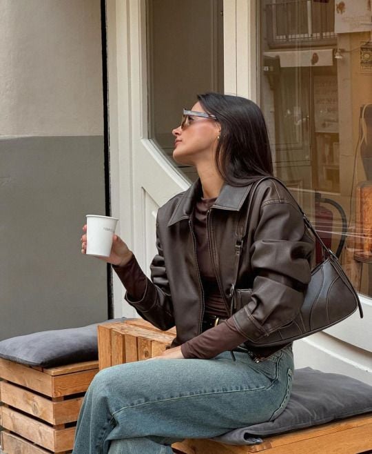 Effortless Chic: Sleek Brown Leather Jacket with Monochromatic Layers — Brown Coat Outfits