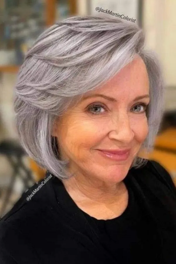 Chin-Length Voluminous Grey Bob with Highlights Chin-Length Voluminous Grey Bob with Highlights — Winter Haircuts for Women Over 60