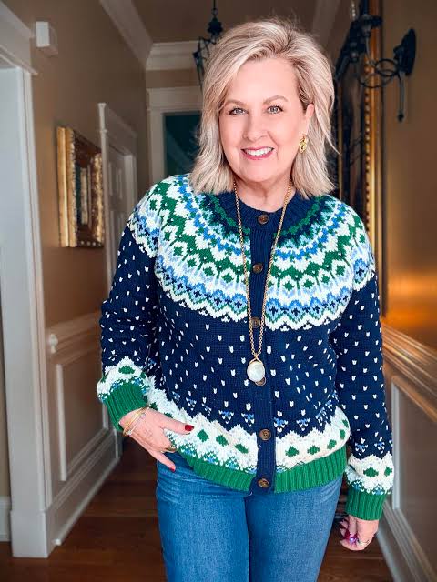 Navy, Green, and White Fair Isle Cardigan with Denim — Fair Isle Sweater Outfits