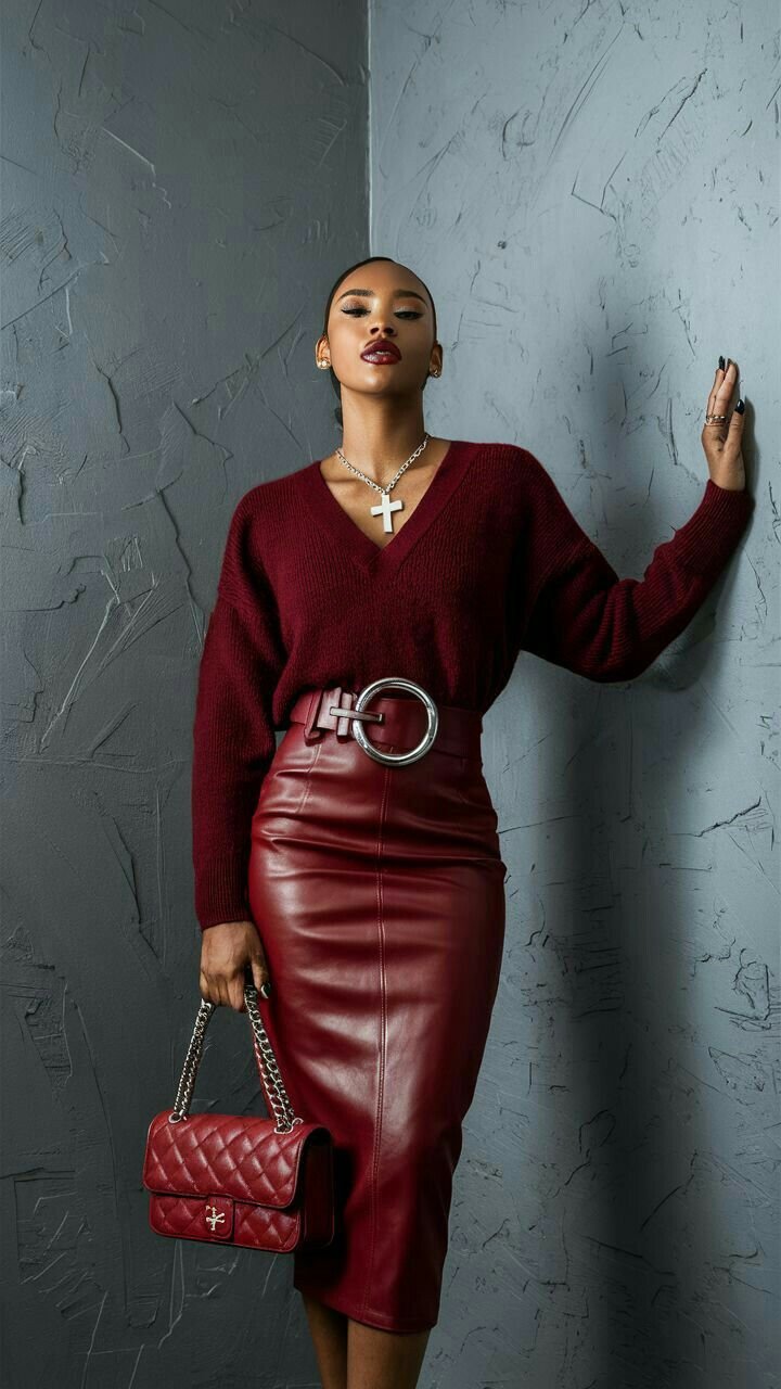 Burgundy Leather Pencil Skirt with Matching Sweater and Silver Belt — Leather Skirt Outfits