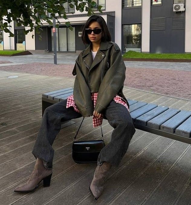 Olive Leather Jacket Over Checkered Shirt and Wide-Leg Jeans — Western Winter Outfits