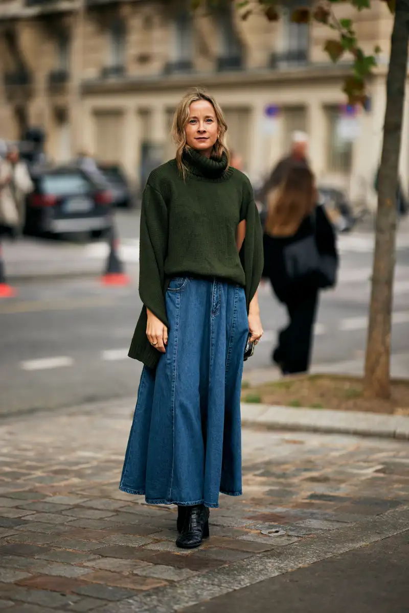 Oversized Turtleneck Sweater with Denim Maxi Skirt — Cold Weather Outfits