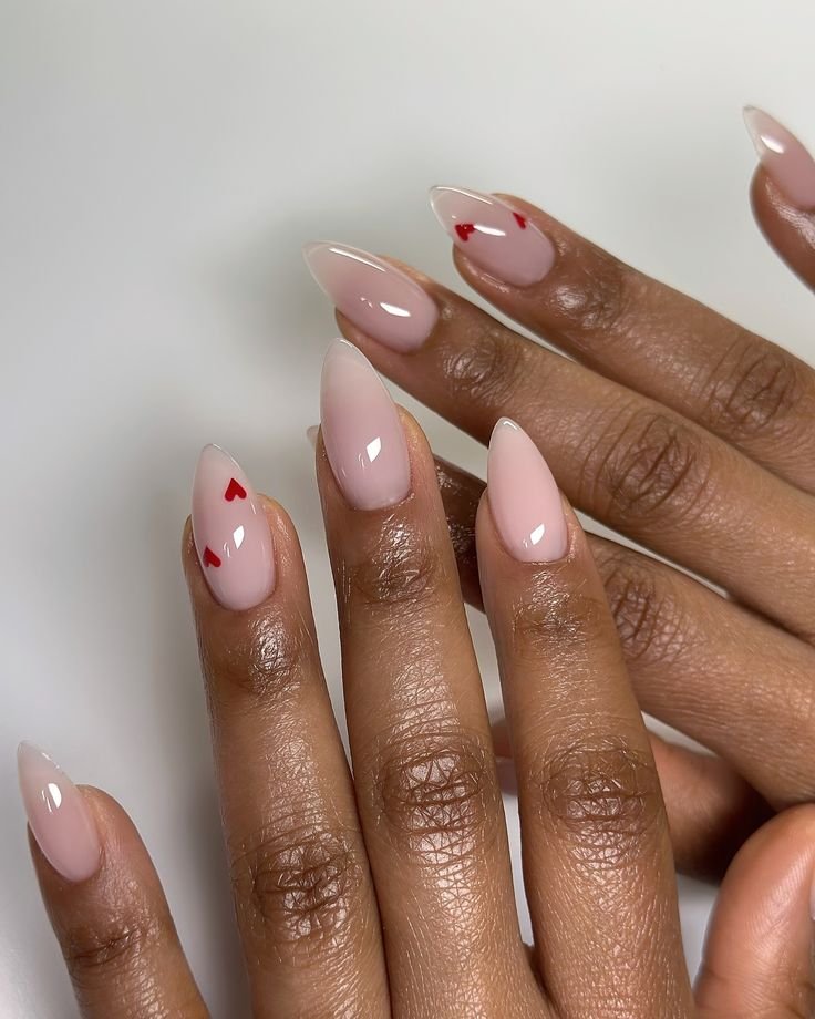 Sheer Pink Heart Accent Almond Nails — Short Winter Almond Nails