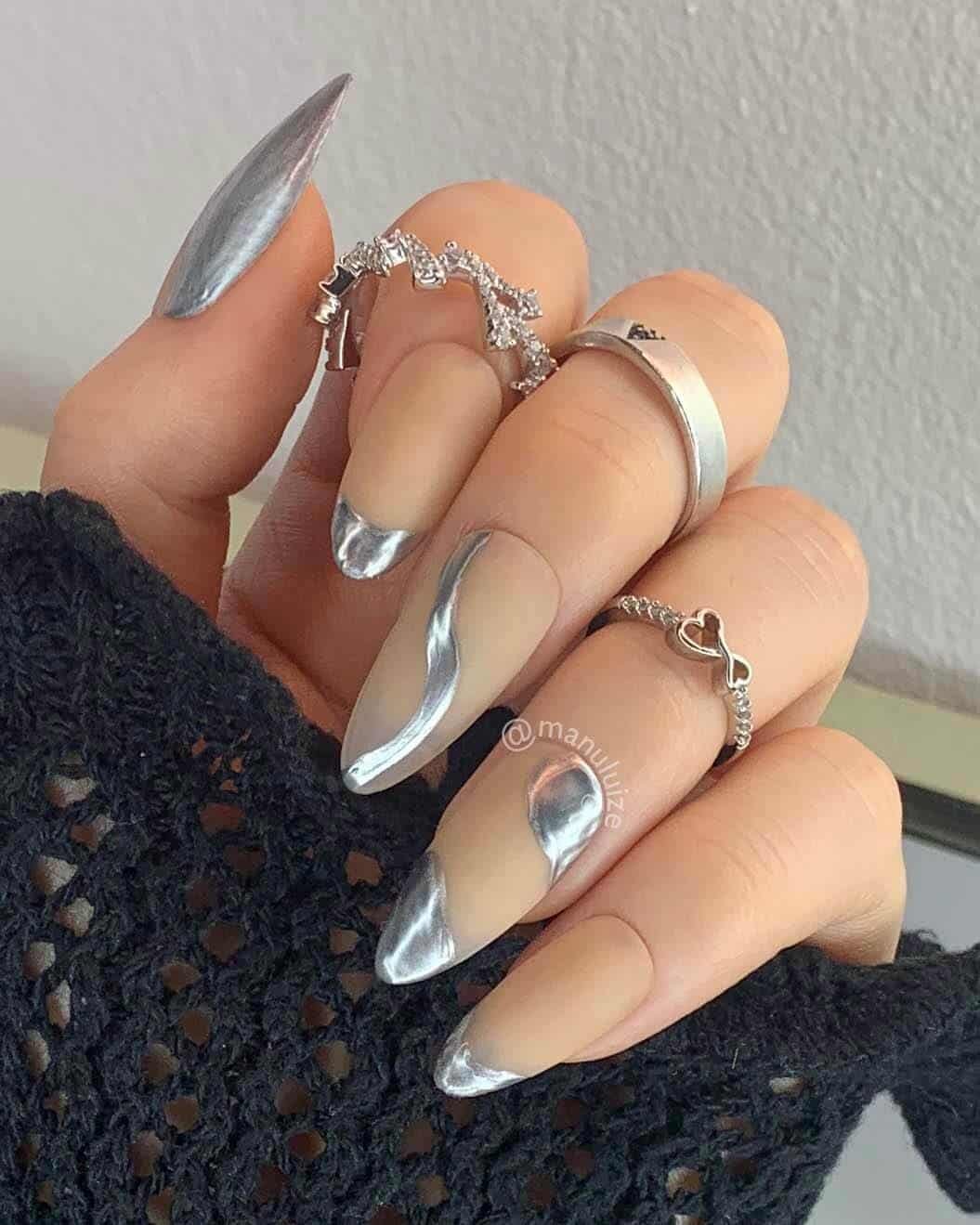 Nude Abstract Metallic Silver Stilettos Nude Abstract Metallic Silver Stilettos — Winter Stiletto Nails
