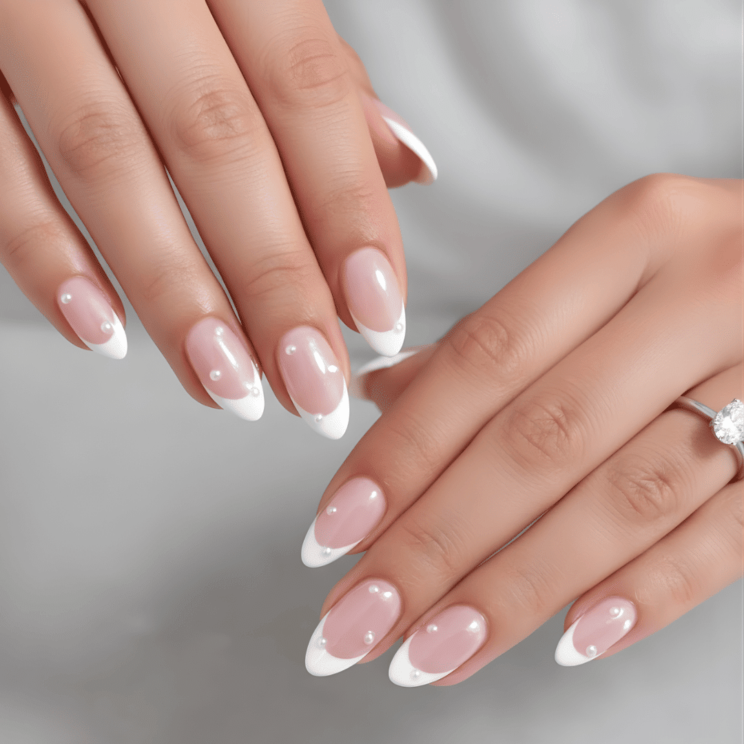 Pearl Embellished French Oval Nails Pearl Embellished French Oval Nails — Winter Oval Nails