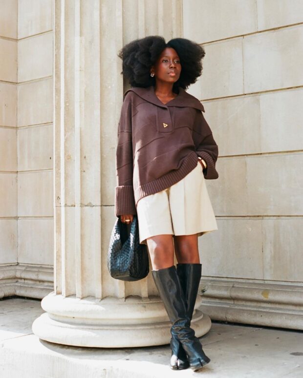 Smart Casual with Cream Shorts and Black Leather Boots — Knee High Boots Outfits