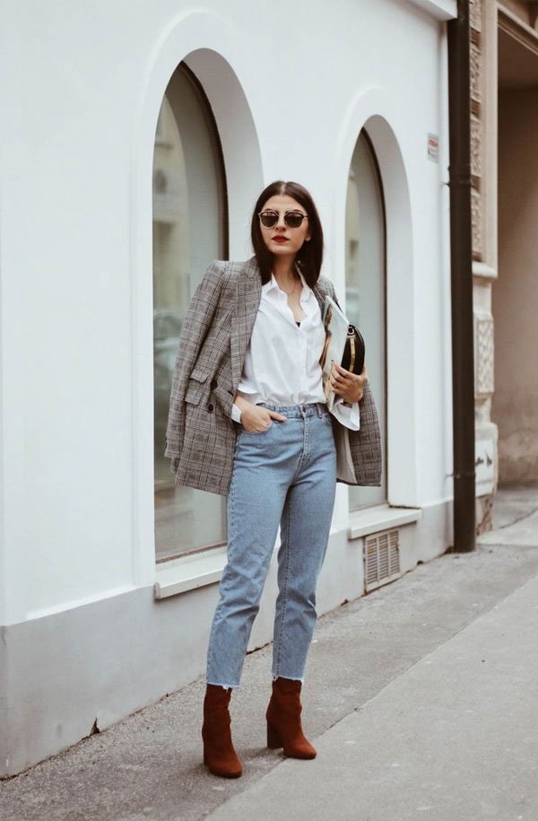 Straight-Leg Jeans Paired with a Plaid Blazer for Smart Casual — Winter Outfits with Jeans