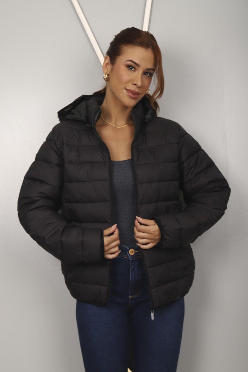 Black Hooded Puffer Jacket with Grey Tank Top and Slim Jeans — Winter Puffer Jacket Outfits