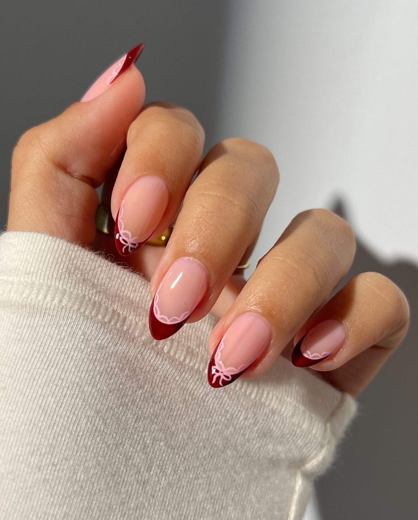 Pink Almond Scalloped Red French Pink Almond Scalloped Red French — Cute Winter Nails