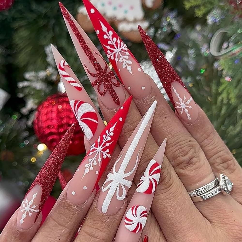 Festive Christmas Stilettos with Snowflakes and Bows Festive Christmas Stilettos with Snowflakes and Bows — Winter Acrylic Nails