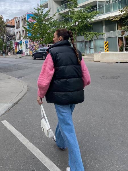 Puffer Vest over Bright Pink Knit Sweater — Baddie Winter Outfits