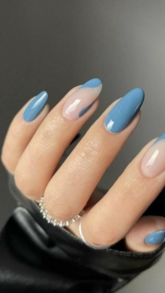 Abstract Blue and Nude Color Block Almond Nails Abstract Blue and Nude Color Block Almond Nails — Winter Almond Nails