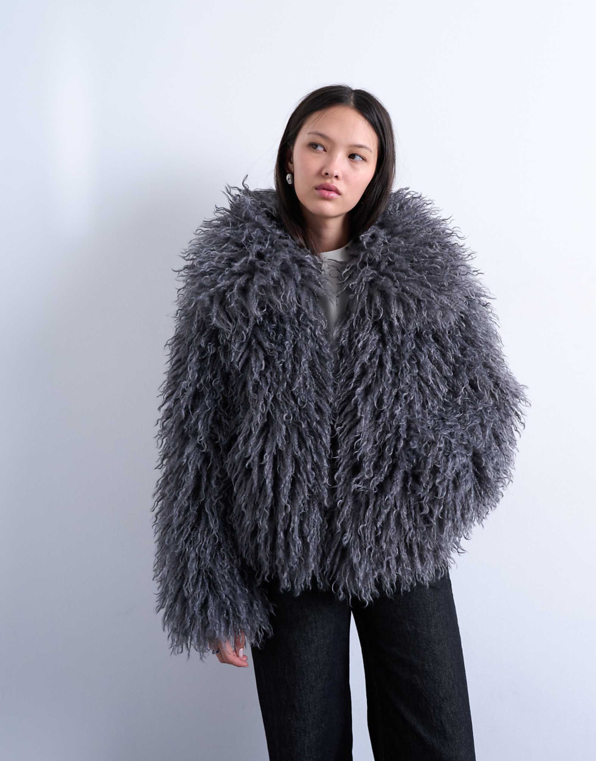 Oversized Grey Shearling Coat with Unique Texture — Shearling Coat Outfits